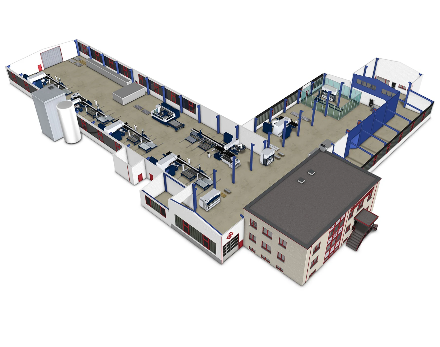 3D-Modell der Firma Oberschmidt: Verwaltungsgebäude vorne, dahinter die Hallen mit Stanz-, Laser- und Biegemaschinen